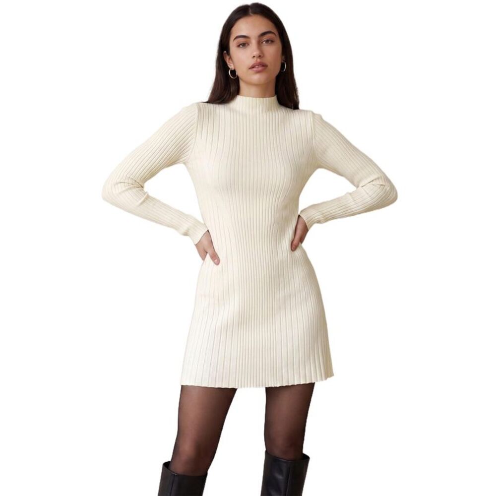Women's Mock Neck Ribbed Knit Long Sleeve A-Line Mini Dress Apricot